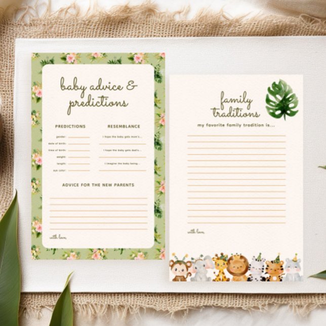 Jogo de Previsões de Chás de fraldas Tropicais Sel (fun baby shower games: family traditions + advice & predictions. Tropical leaves and safari animals)