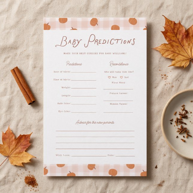 Jogo de Previsões e Conselhos de Abóboras de Outon (baby predictions game with cute little pumpkins and gingham pattern)