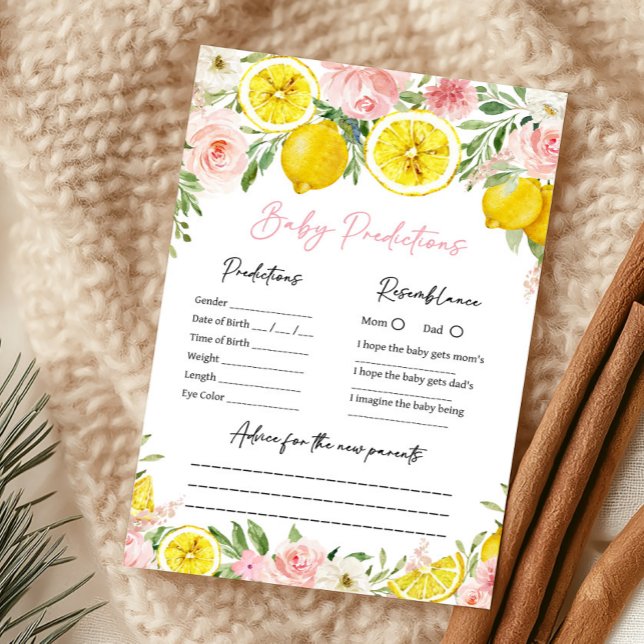 Jogo de Previsões para Bebê Menina com Limão Flora (Summer Lemon Citrus Baby Shower Baby Predictions Game)