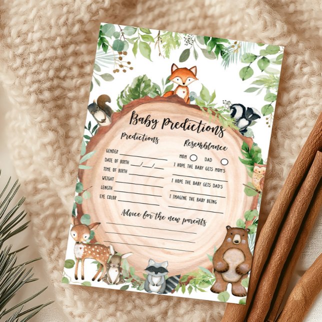 Jogo de Previsões para Chás de Bebê com Animais da (Wood Slice Woodland Baby Shower Baby predictions Game)