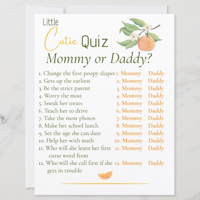 Jogo de Quiz da Mamãe ou do Papai para a Pequena B (Frente)