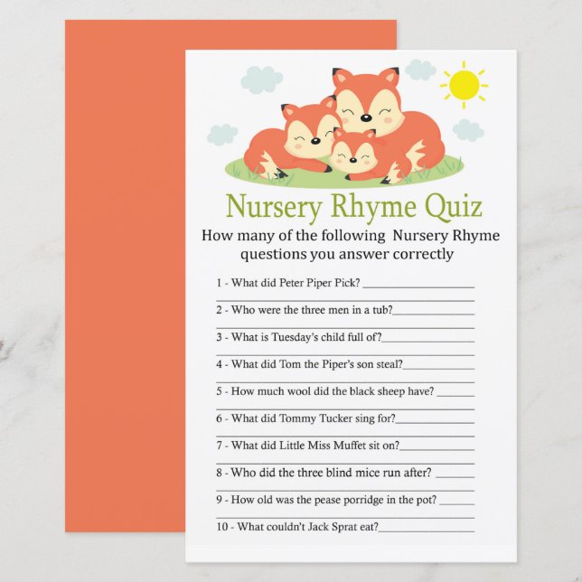 Jogo de quiz de rima infantil da raposa sonolenta  (Frente/Verso)