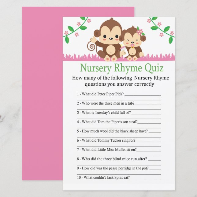 Jogo de quiz de rima infantil do macaco bebê para  (Frente/Verso)