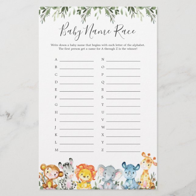 Jogo de Raça de Nome de Chá de fraldas de Animais  (Frente)