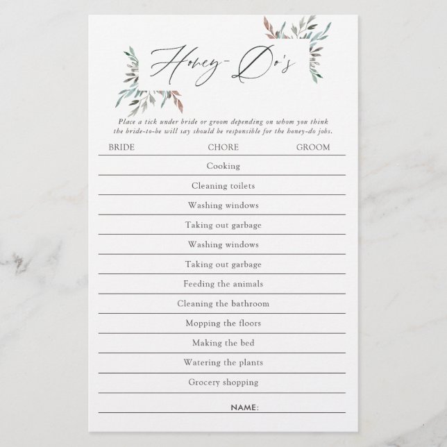 Jogo de Tarefas para a Noiva - Folhagem Rústica de (Frente)