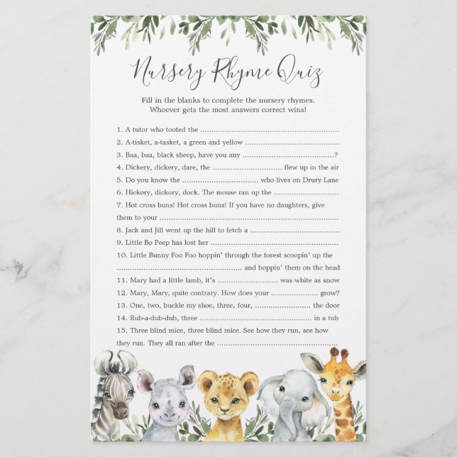 Jogo de Teste de Rhyme Rhyme para Chás de fraldas  (Frente)