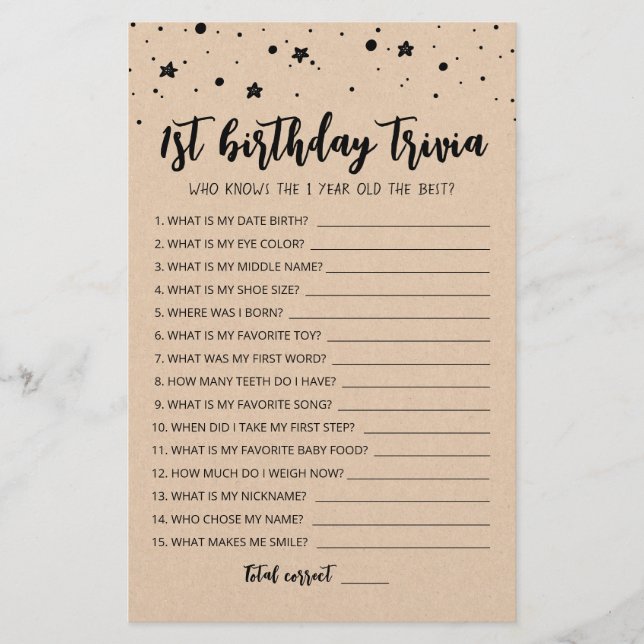Jogo de trivia de 1º aniversário editável Jogo de  (Frente)