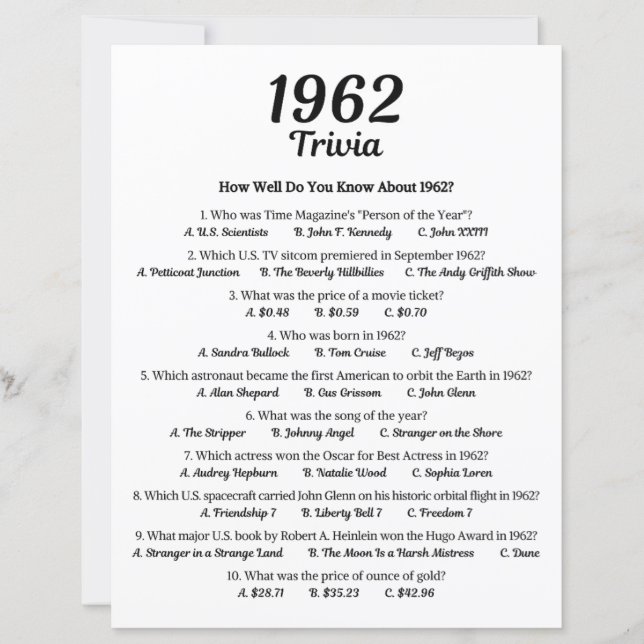 Jogo de Trivia de 1962 | Jogo de festa de aniversá (Frente)