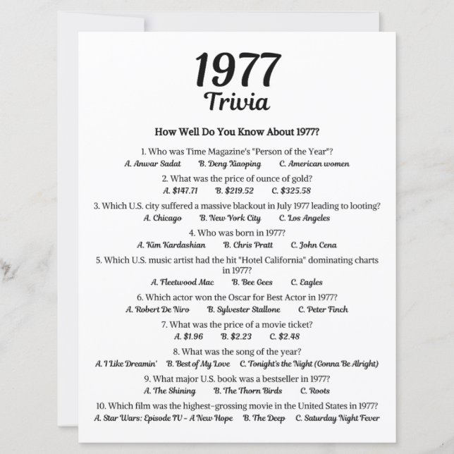 Jogo de Trivia de 1977 | Jogo de Festa de Aniversá (Frente)