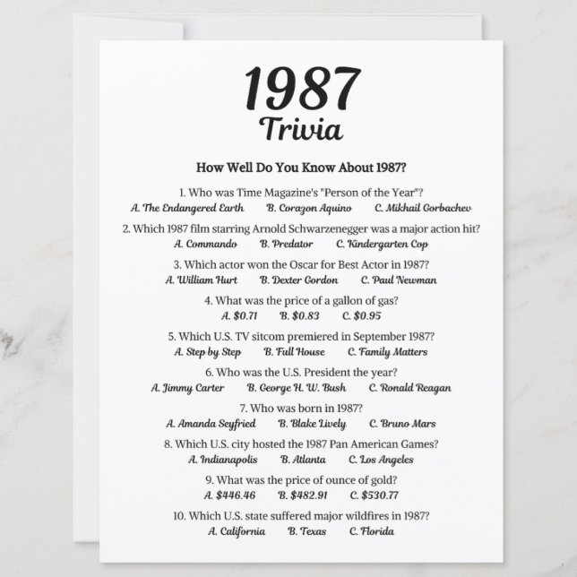 Jogo de Trivia de 1987 | Jogo de festa de aniversá (Frente)