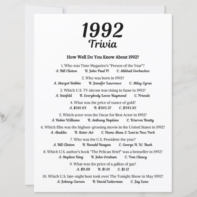 Jogo de Trivia de 1992 | Jogo de festa de aniversá (Frente)