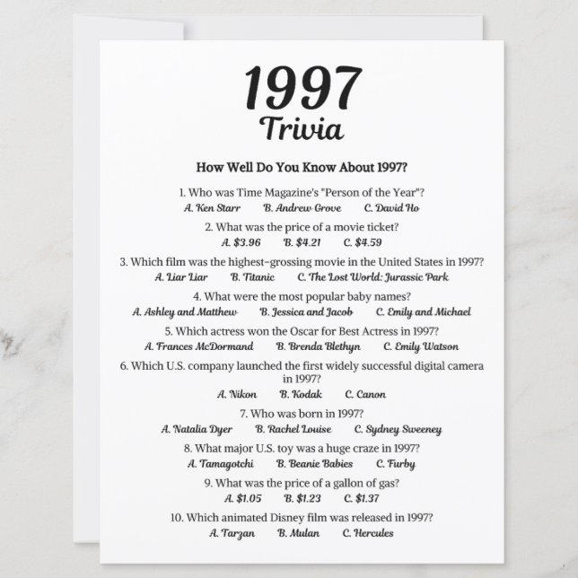 Jogo de Trivia de 1997 | Jogo de festa de aniversá (Frente)