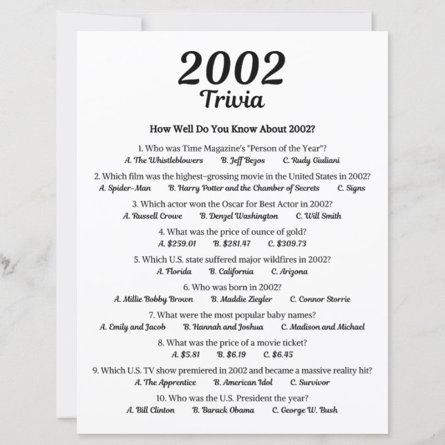 Jogo de Trivia de 2002 | Jogo de Aniversário de 24 (Frente)