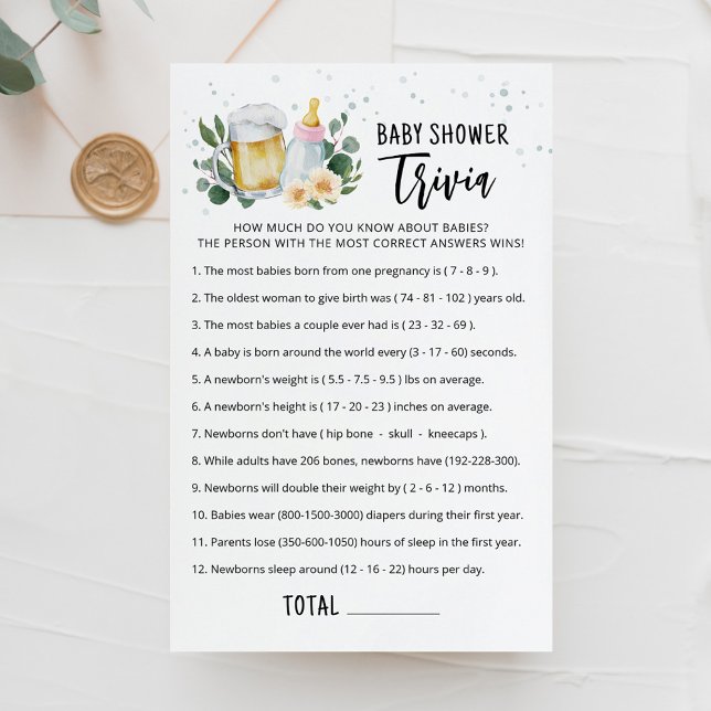 Jogo de Trivia de Bebê Folhagem Bebê Está Cozinhan (Beer and Floral Baby is Brewing Baby Shower Trivia Game Card)