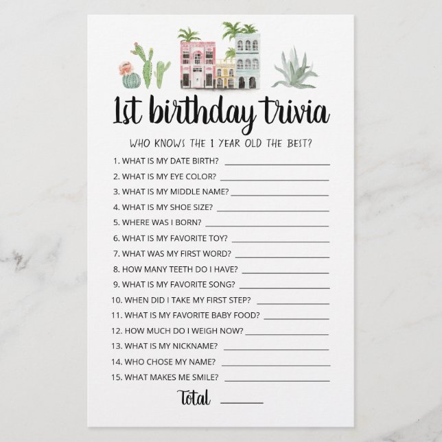 Jogo de trivia editável para 1º aniversário (Frente)