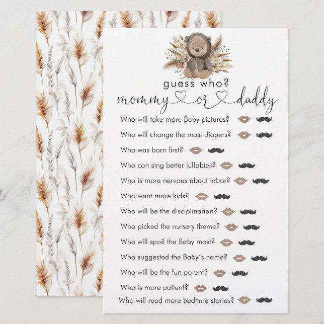 Jogo do Chá de fraldas "Adivinha Quem" do Boho Bea (Frente/Verso)