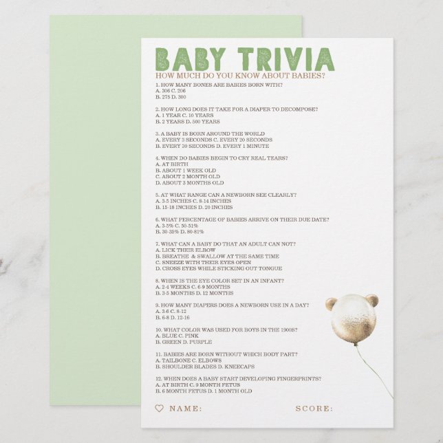 Jogo do Chá de fraldas Baby Trivia (Frente/Verso)