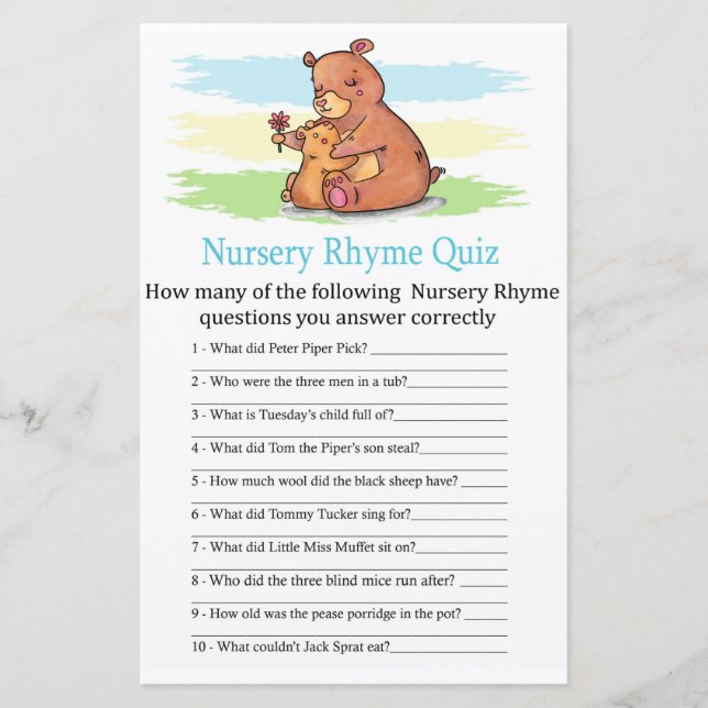 Jogo do chá de fraldas Bear Nursery Rhyme Quiz (Frente)