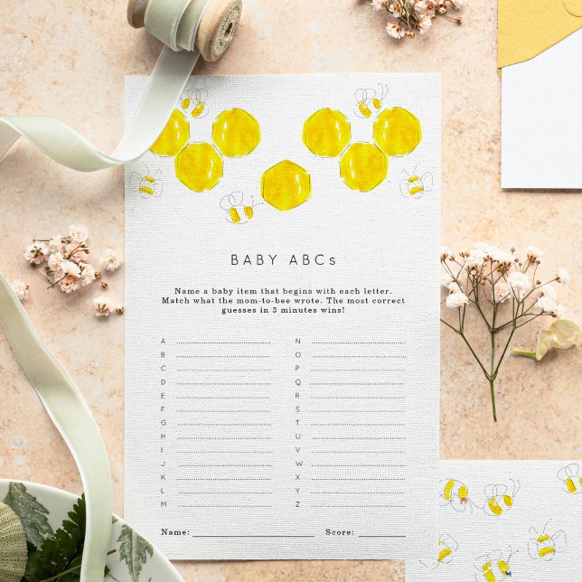 Jogo do Chá de fraldas Buzzing Bees Baby ABC (Yellow watercolor bees and honeycomb Baby Shower ABCs game sheets.)