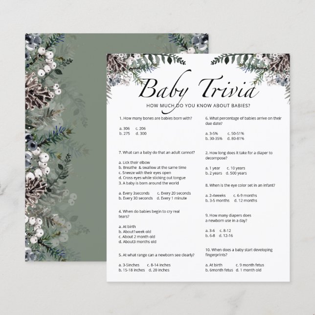 Jogo do Chá de fraldas de inverno da Baby Trivia (Frente/Verso)