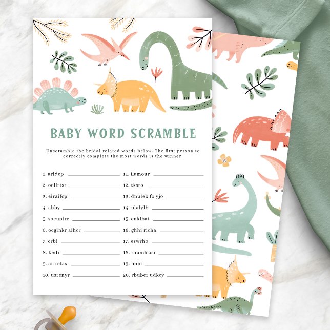 Jogo do Chá de fraldas Dinossauro (Dinosaur Baby Shower Baby Word Scramble Game Card by Painted Paperie)