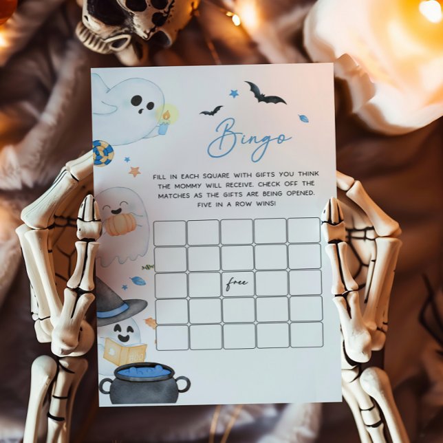Jogo do Chá de fraldas do Boo de Halloween Azul (Blue Little Boo Baby Shower Bingo Game)