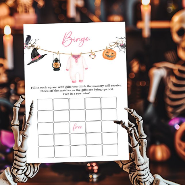 Jogo do Chá de fraldas do Boo Halloween Rosa (Halloween Baby Clothes Baby Shower Bingo Game)