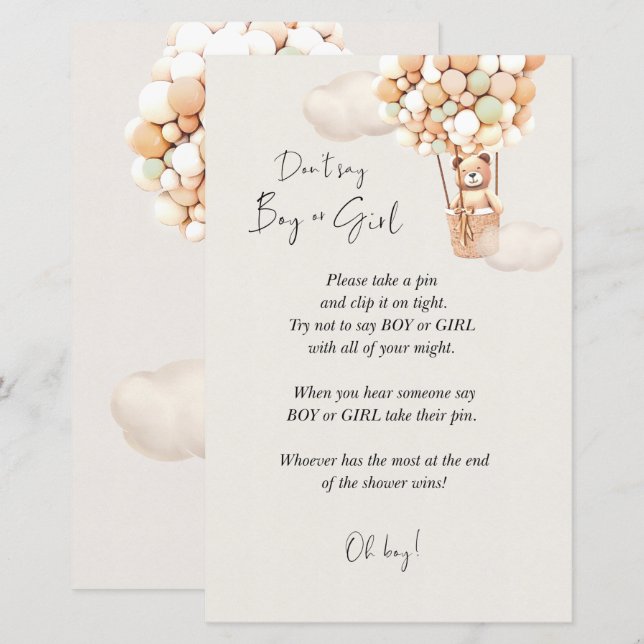 Jogo do Chá de fraldas do Urso - Não diga Menino o (Frente/Verso)