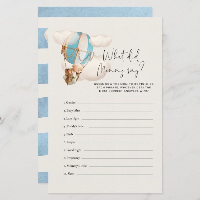 Jogo do Chá de fraldas do Urso - O que a Mamãe dis (Frente/Verso)