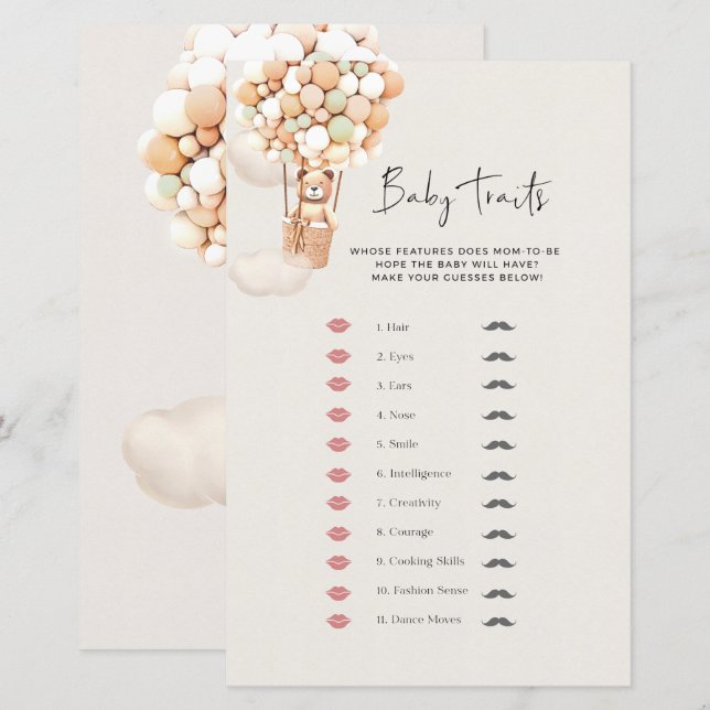 Jogo do Chá de fraldas do Urso - Traços do Bebê (Frente/Verso)