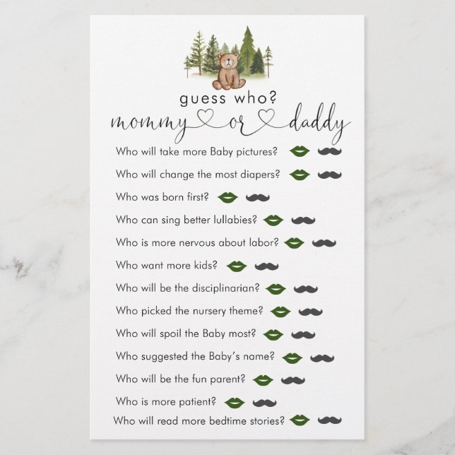 Jogo do Chá de fraldas do Woodland Bear "Adivinha  (Frente)