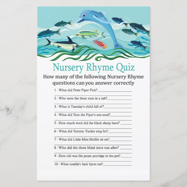 Jogo do chá de fraldas Dolphin Nursery Rhyme Quiz (Frente)