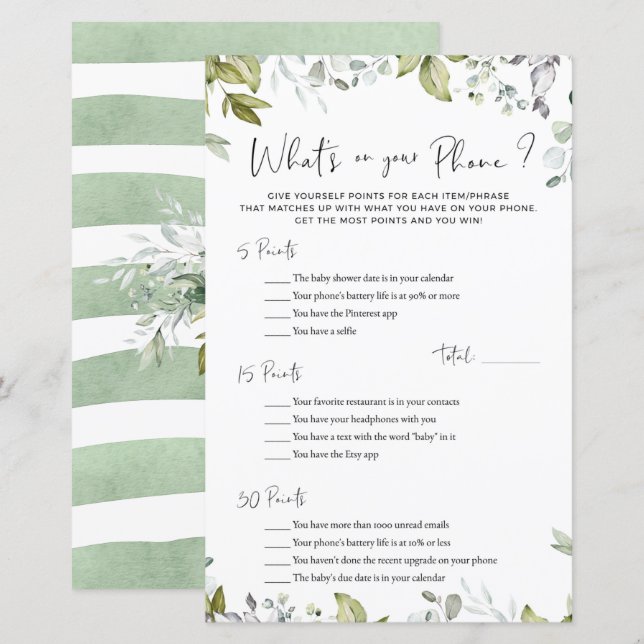 Jogo do Chá de fraldas Greenery O que há no seu te (Frente/Verso)