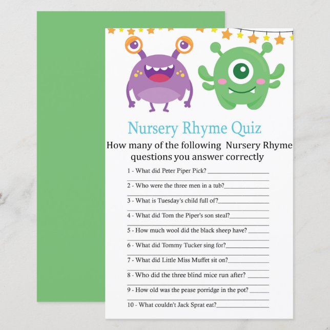 Jogo do chá de fraldas Monster Nursery Rhyme Quiz (Frente/Verso)