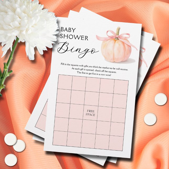 Jogo do Chá de fraldas Pumpkin da Faixa Rosa (Pink ribbon and bow pumpkin girl baby shower bingo game cards)