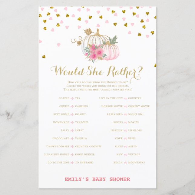 Jogo do Chá de fraldas Pumpkin rosa e Dourado (Frente)