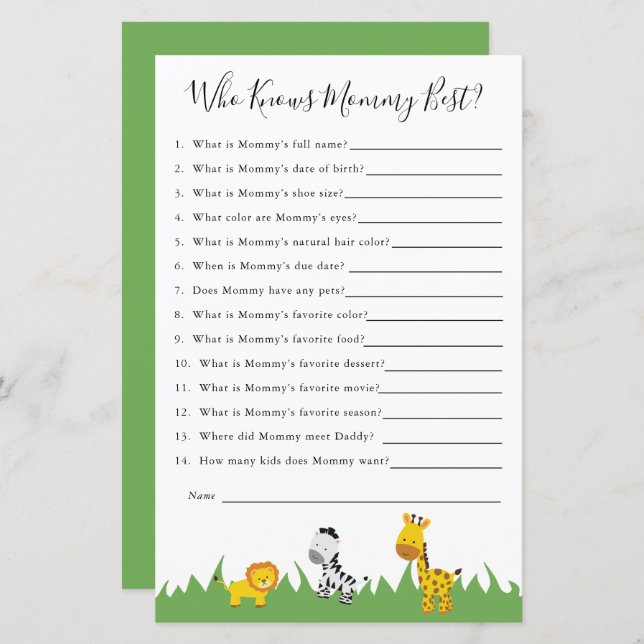 Jogo do Chá de fraldas Safari Que Conhece Melhor A (Frente/Verso)