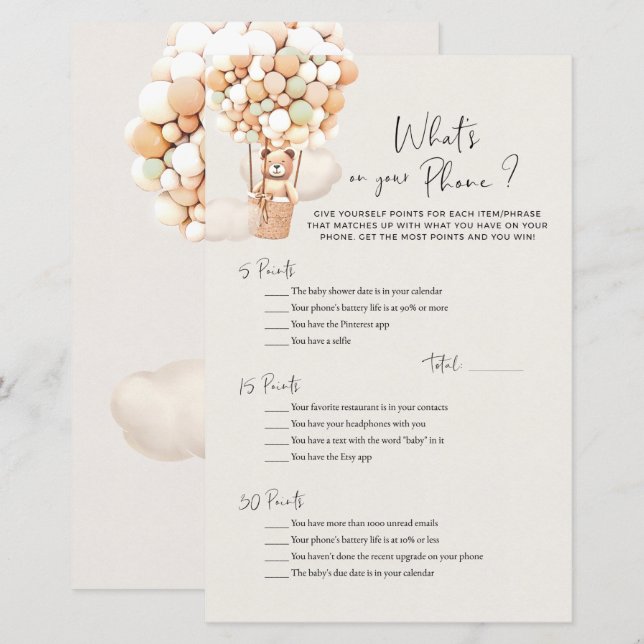 Jogo do Chá de fraldas Urso - O que há no seu tele (Frente/Verso)