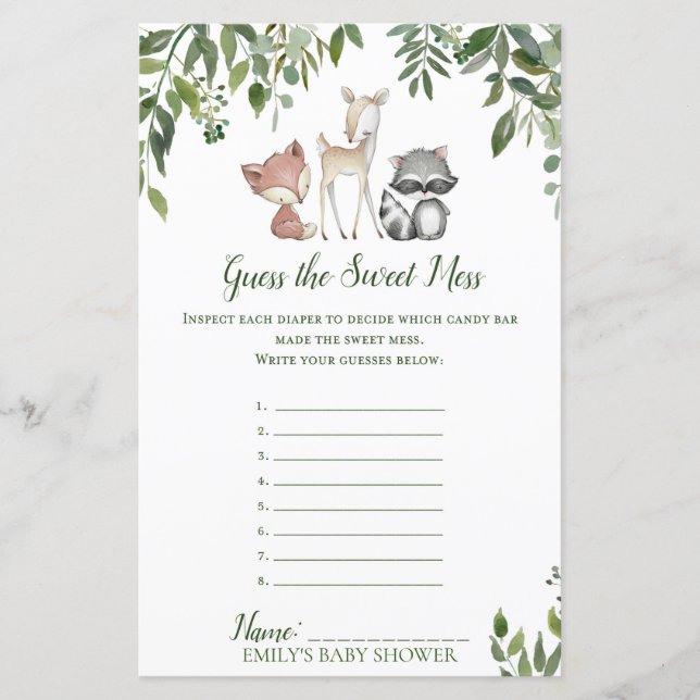 Jogo do Chá de fraldas Woodland - Adivinha Doce Me (Frente)