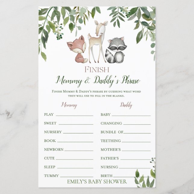 Jogo do Chá de fraldas Woodland - Termine a Frase (Frente)