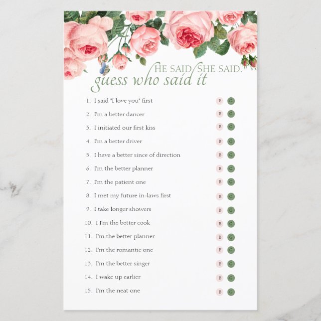 Jogo do chá de panela Adivinha Quem Disse Rosa Azu (Frente)