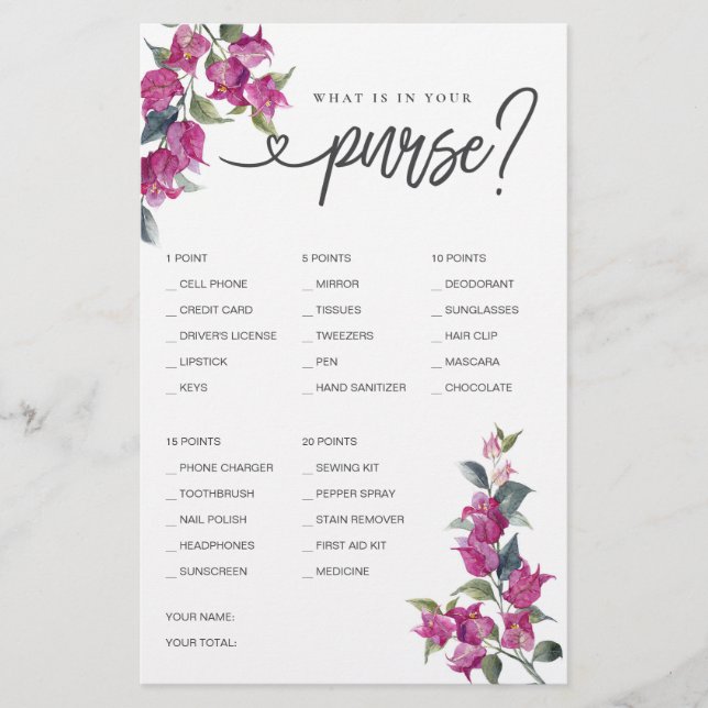 Jogo do chá de panela O que há na sua bolsa? (Frente)