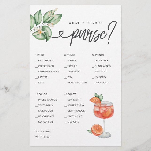 Jogo do chá de panela O que há na sua bolsa? (Frente)