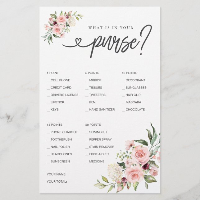 Jogo do chá de panela O que há na sua bolsa? (Frente)