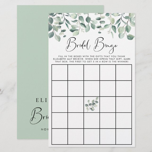 Jogo do Chá Eucalyptus Greenery Bridal Bingo (Frente/Verso)