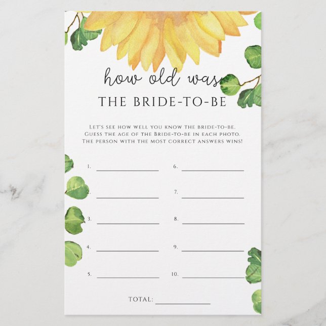 Jogo do girassol Quantos anos tinha a noiva (Frente)