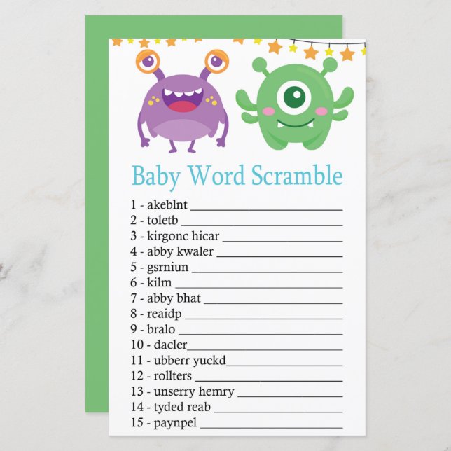 Jogo do Monster Baby Word Scramble (Frente/Verso)