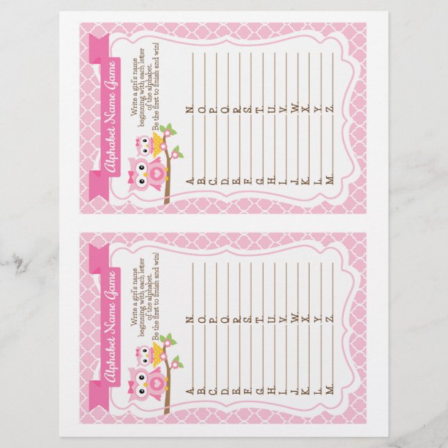 Jogo do Nome do Alfabeto do Chá de fraldas Owl (Frente)