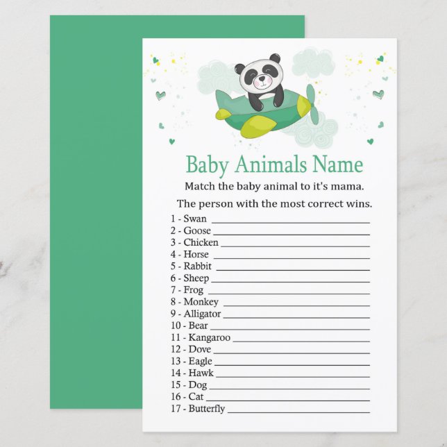 Jogo do nome dos animais de bebês de panda-branca (Frente/Verso)