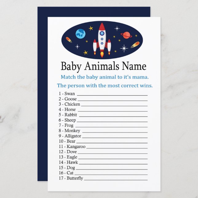 Jogo do nome dos animais do Rocket Baby (Frente/Verso)